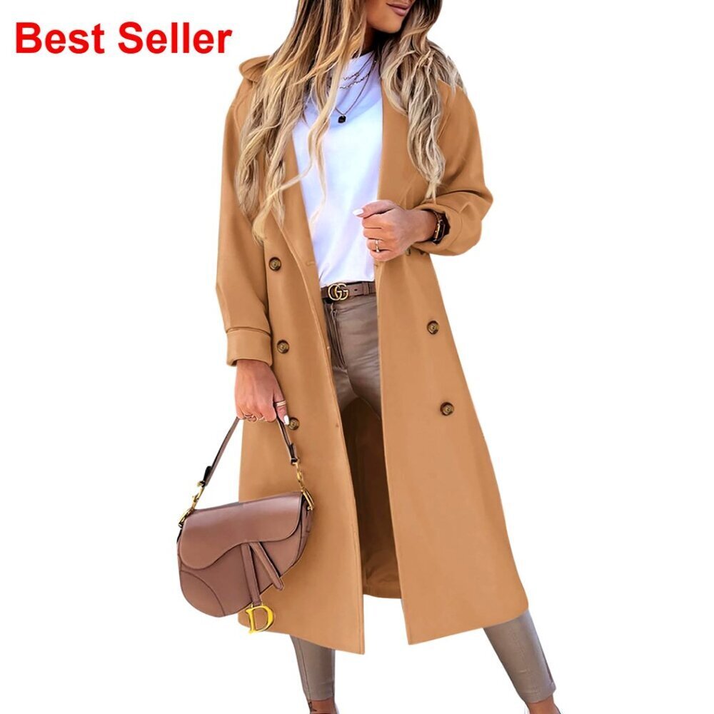 Wool Blend Pea Coat Double Breasted Notched Lapel Long Coat